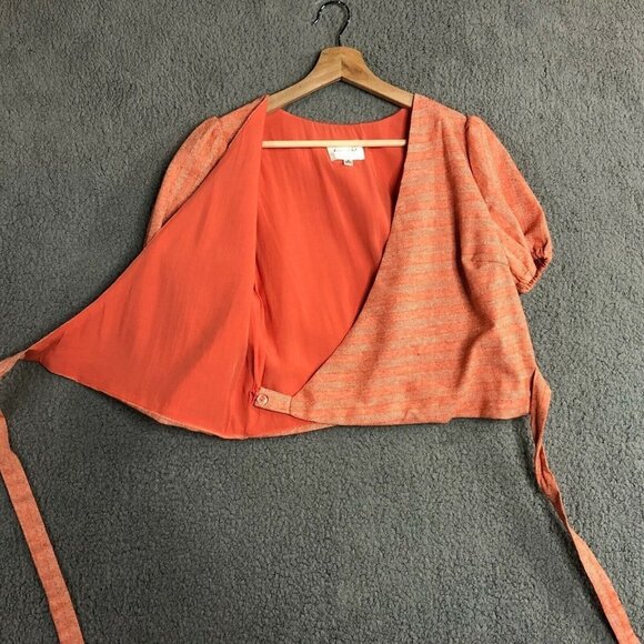REVOLVE Line and Dot Zoe Wrap Top Linen Blend Puff Sleeve V-Neck Orange Small - Picture 4 of 11